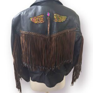 UNIK‎ Leather Biker Boho Jacket Cowgirl Brown Fringe Cottagecore Size XL